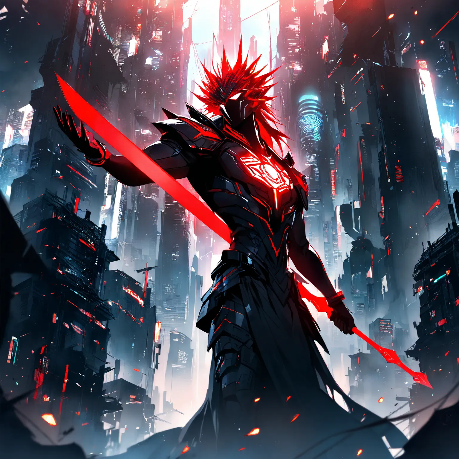 high resolution, environment dark city, Giant red wick, Pose holding sword, dramatic lighting, anime atmosphere, digital art