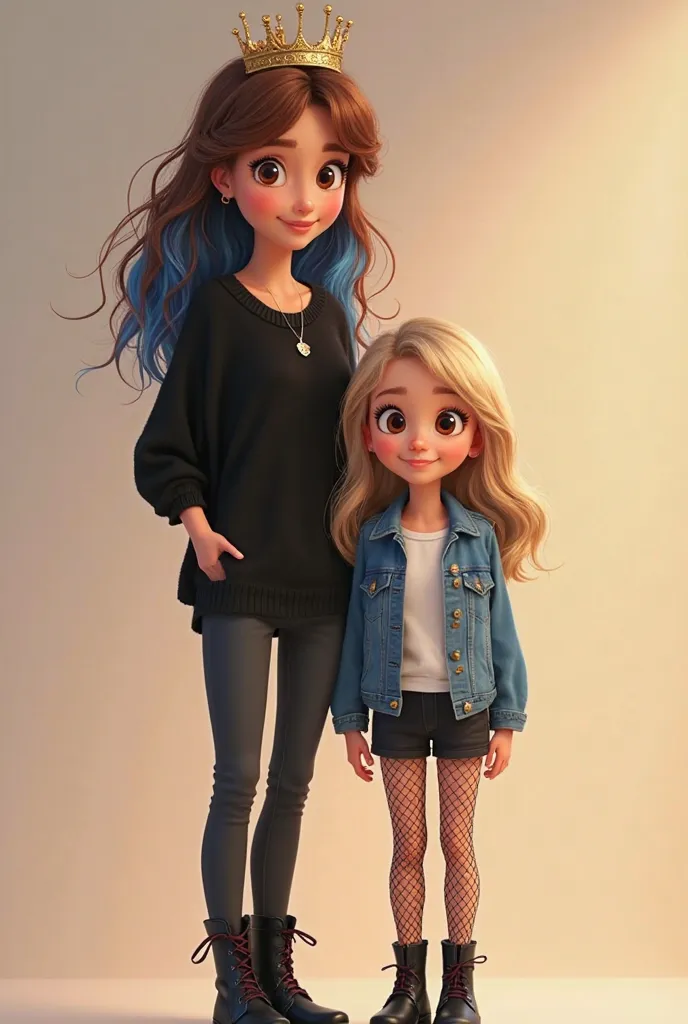 Disney Pixar-style poster of a 24-year-old girl with brown hair with blue locks and brown eyes and a crown in her golden princess's hair and wearing a black sweater with short sleeves and black jeans and black boots with heels and with her 15-year-old age ...