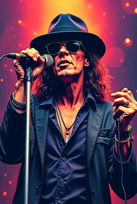 A print on a t-shirt of Phil wearing a hat and wearing sunglasses and that he is a rock singer with a microphone in front of him