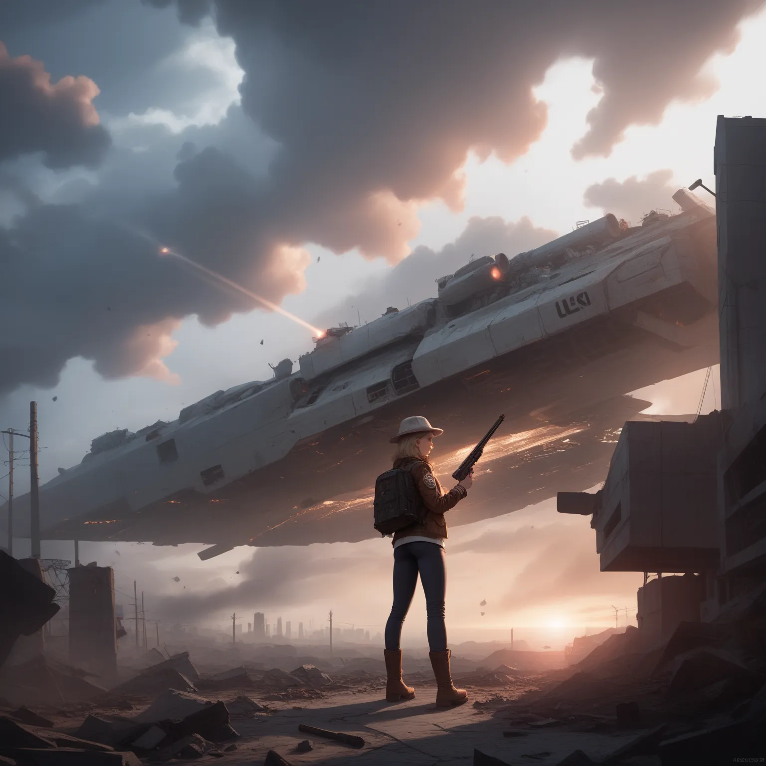 A young girl in the middle of an apocalyptic scenario, she wore a jacket,  pants, boots, a backpack and held a shotgun.  DESTROYED CITY, debris and abandoned vehicles, sky wrapped in a heavy blanket of gray clouds, torn by silent rays illuminating desolati...