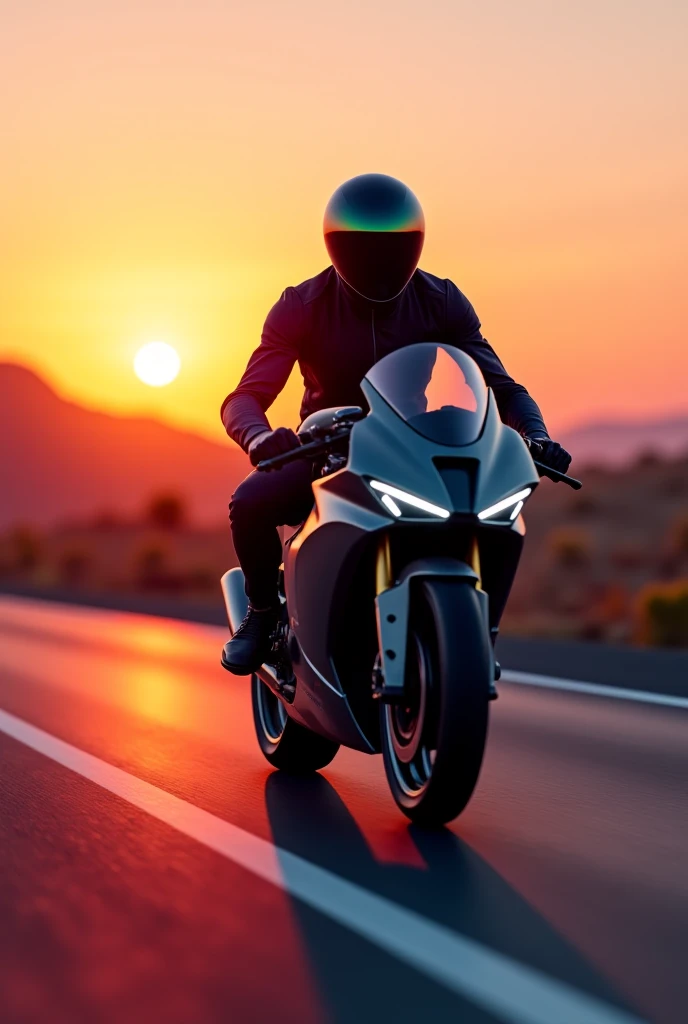 1. “A biker wearing a futuristic matte black helmet with a mirrored visor, riding a sports bike on a road illuminated by sunset,  slightly blurry background .”