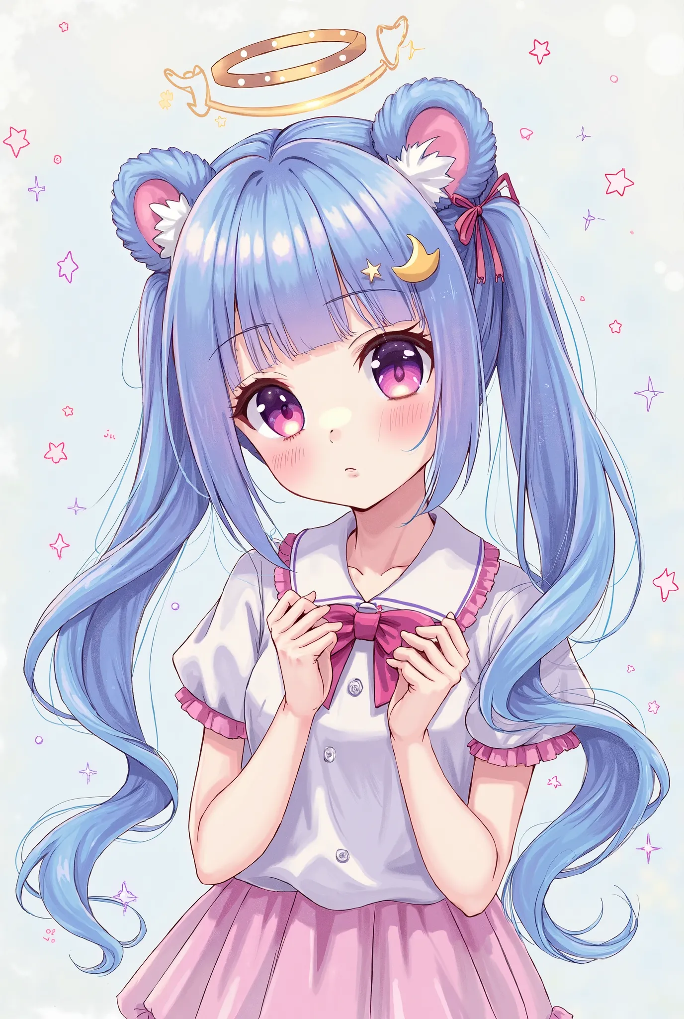 The painting method drawn with a delicate touch is a sparkling, life-size illustration、girls with light blue and purple hair and full bangs、Wear a crescent moon hairpin、twin tails、Clothes are landmine mass-produced fashion、Bear's ears、The cuteness of an an...