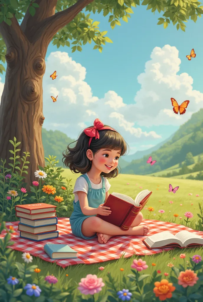 Beautiful and adorable landscape with a picnic blanket and lots of books scattered on the floor and flowers and butterflies falling that are brightly colored and colorful and that a girl is sitting on the picnic blanket reading happily 