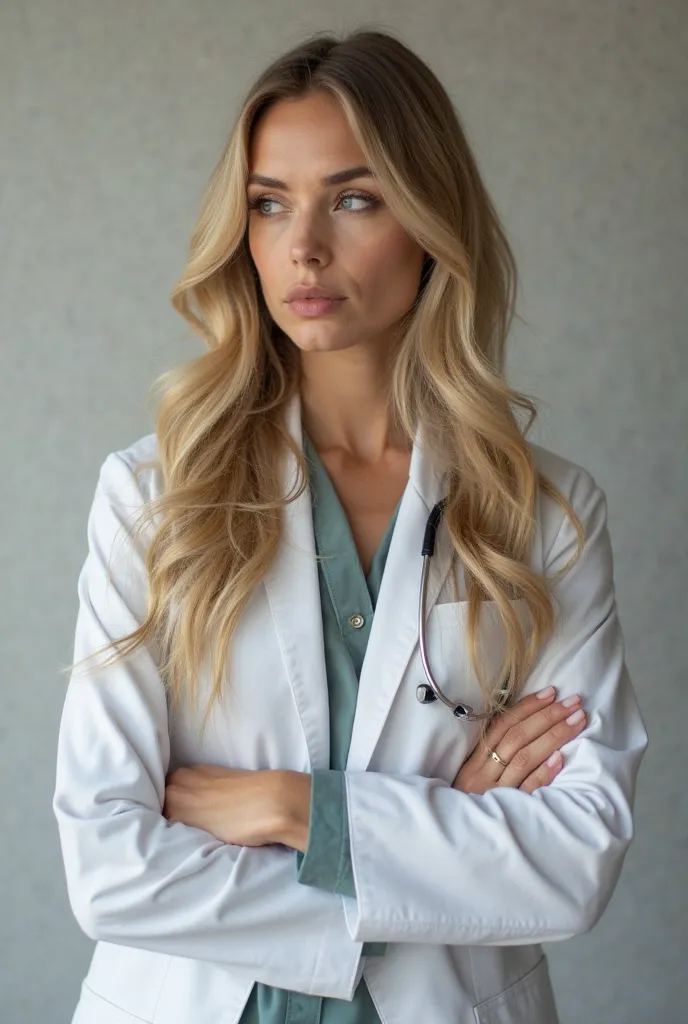 “A beautiful 45-year-old Ukrainian female doctor with long blonde hair, wearing a professional yet slightly elegant outfit. She has a serious and slightly distant expression, with subtle signs of disinterest. Her body language is reserved: arms crossed or ...