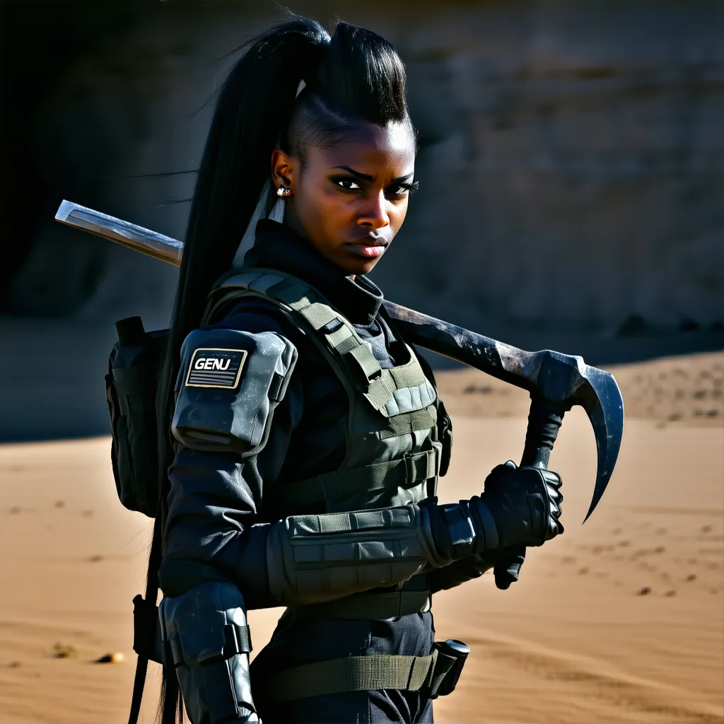 A  desert rat soldier in a post-apocalyptic game (Last War style), black mohawk hairstyle down to her neck, holding a crowbar aggressively, wearing rugged tactical armor with the alliance tag 'GENU' on her shoulder. Dark desert background, cyberpunk lighti...