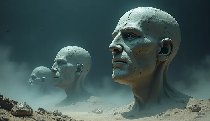 "A surreal, dreamlike landscape where floating stone heads of ancient Stoic philosophers drift through an endless void, their cracked faces whispering words of wisdom into the cosmos."