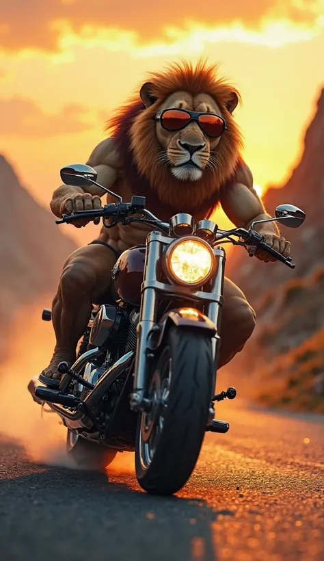 EXT. MOUNTAIN ROAD — SUNSET
A lion rides a motorcycle, mane whipping in the wind. The sky glows orange.
CLOSE-UP: His eyes glint behind goggles, speedometer climbing.
FADE OUT