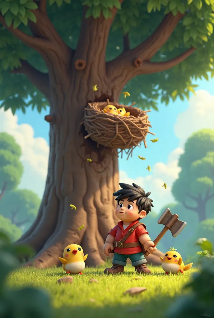 • Cutting the Tree: Sethang begins chopping down a tree, and as it falls, two baby birds tumble from their nest to the ground,3D cartoon style 