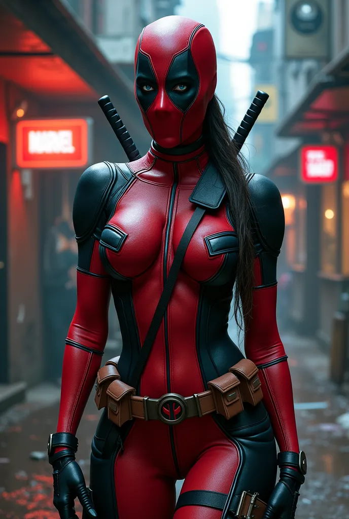 Hottest female Deadpool with largest breast Wearing Deadpool Costume.