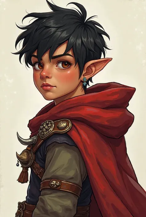 I need a drawing of a male Dungeons and Dragons halfling about twenty years old, reddish skin, black hair slightly decorated with Viking accessories, Lots of earrings and a bow on the back and a red cape with a hood.