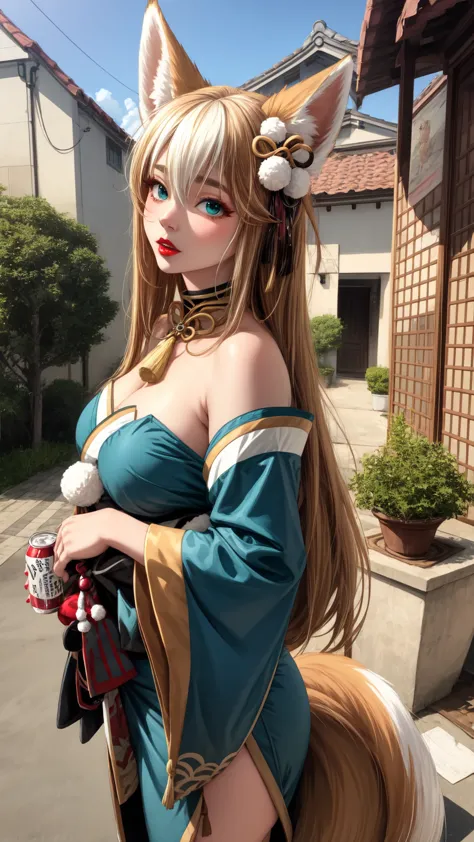 obra maestra, best quality, high quality, upper body,  outdoor, looking at the spectator, 1 girl, hina-fi , bicolor hair,  Japanese clothing, Green Kimono, cola, bare shoulders,cola, with cola,wide hips,beautiful,beautifuls piernas,SEDUCTIVE FACE,seductive...