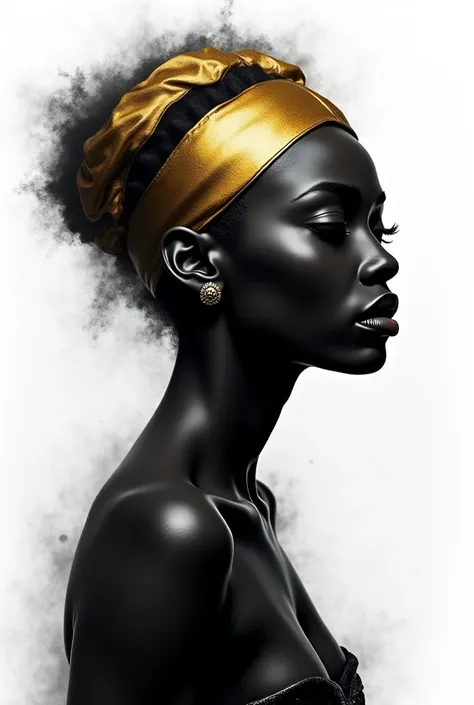 A dramatic black and white painting with.  A dark-skinned woman , with striking features and a golden headdress, is captured in dynamic motion. Deep shadows and blurred lines create a sense of movement. The background is a simple white .
Info
