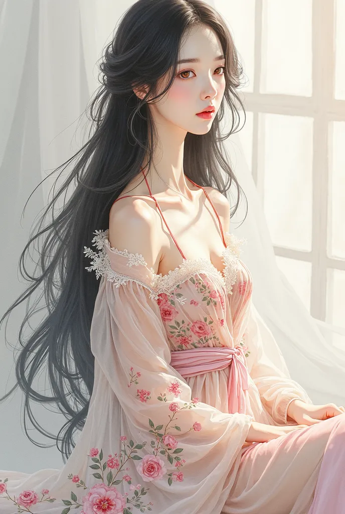 (A tall, extremely slender, and elegant Japanese woman with flawless white skin) sits gracefully in a softly lit, dreamlike space, rendered in an exquisite watercolor painting style. Her (delicate and refined facial features) are illustrated with (gentle, ...