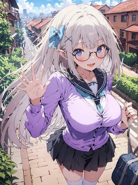  score_9,  score_8_up,  score_7_up,  source_anime,  Emilia,Alone, knitting glasses, crown knitting glasses, flower, hair flower, hair ornaments close to the garden, hair bow, long hair, pointed ears,smile,blush,open your mouth,Glasses, purple eyes,  white ...
