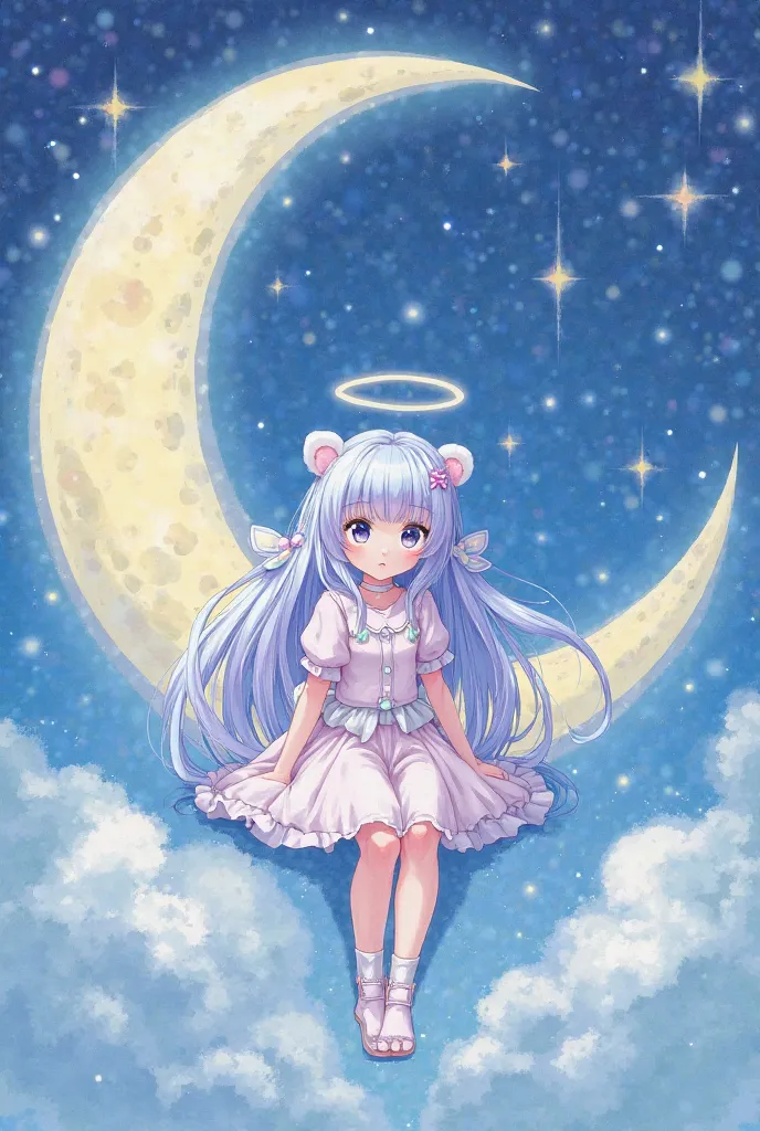 The painting method drawn with a delicate touch is a sparkling illustration of a person sitting on the moon、girls with light blue and purple hair and full bangs、Wear a crescent moon hairpin、twin tails、Clothes are landmine mass-produced fashion、Bear's ears、...