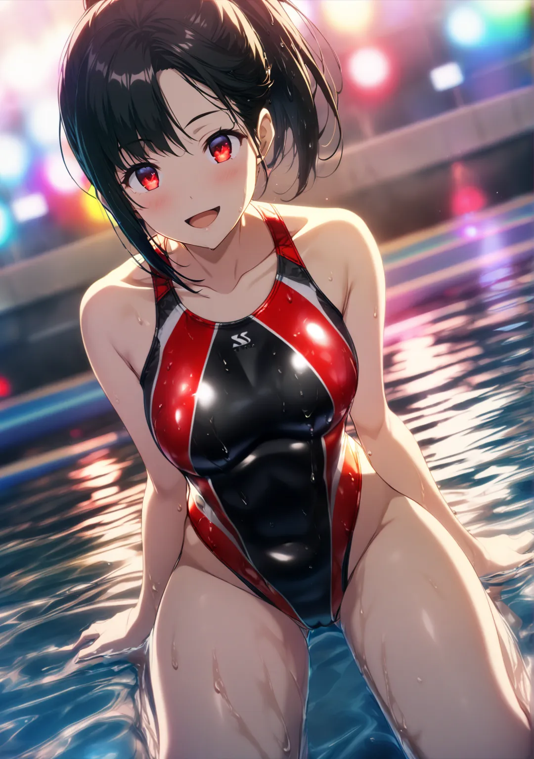 1 girl, Game CG, 
shallow depth of field, a portrait with a soft Gaussian blurred background, creating a dreamy atmosphere, focus on face, dutch angle, full-body shot, soaking wet by the poolside,  wariza, striking a confident gravure idol pose, open mouth...