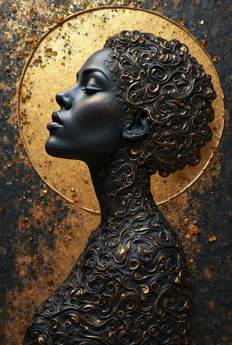 abstração em therefore e ouro ,fractal,  beautiful black and gold relief of a girl,  beautiful wall in golden black divorces , therefore, , golden, minimalist design ,  beautiful.