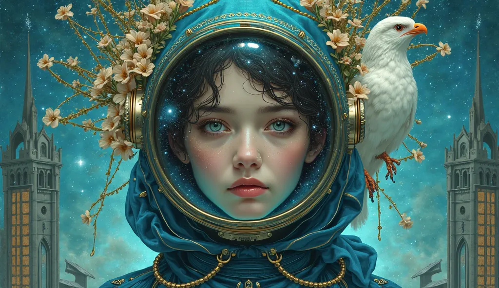 Peinture d'une femme avec un casque bleu vert avec une visière légèrement transparente à l'intérieur de laquelle on voit une galaxie et une robe bleu vert avec une montre, inspiré par l'atmosphère cathédrale de Gaston Bussiere, inspiré par Vincent Lefevre ...