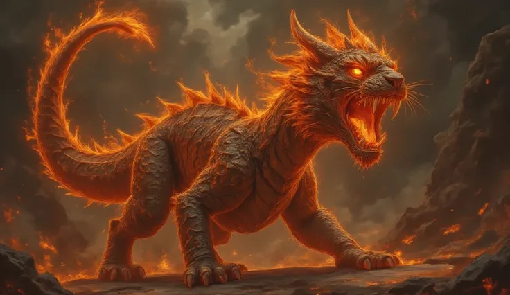 A dragon with shiny scales and orange and black stripes like those of a tiger. His eyes burn with an inner fire, and his claws are as sharp as a feline's. Its long, muscular tail ends in a point of fire, and its roar combines the sound of a dragon with tha...