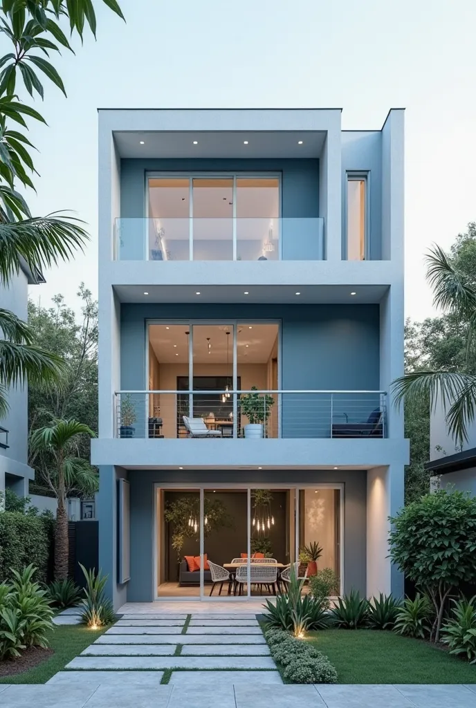 Create an AI image of a simple two-story modern house with a balcony in the combination of the colors Petrol blue and ice gray