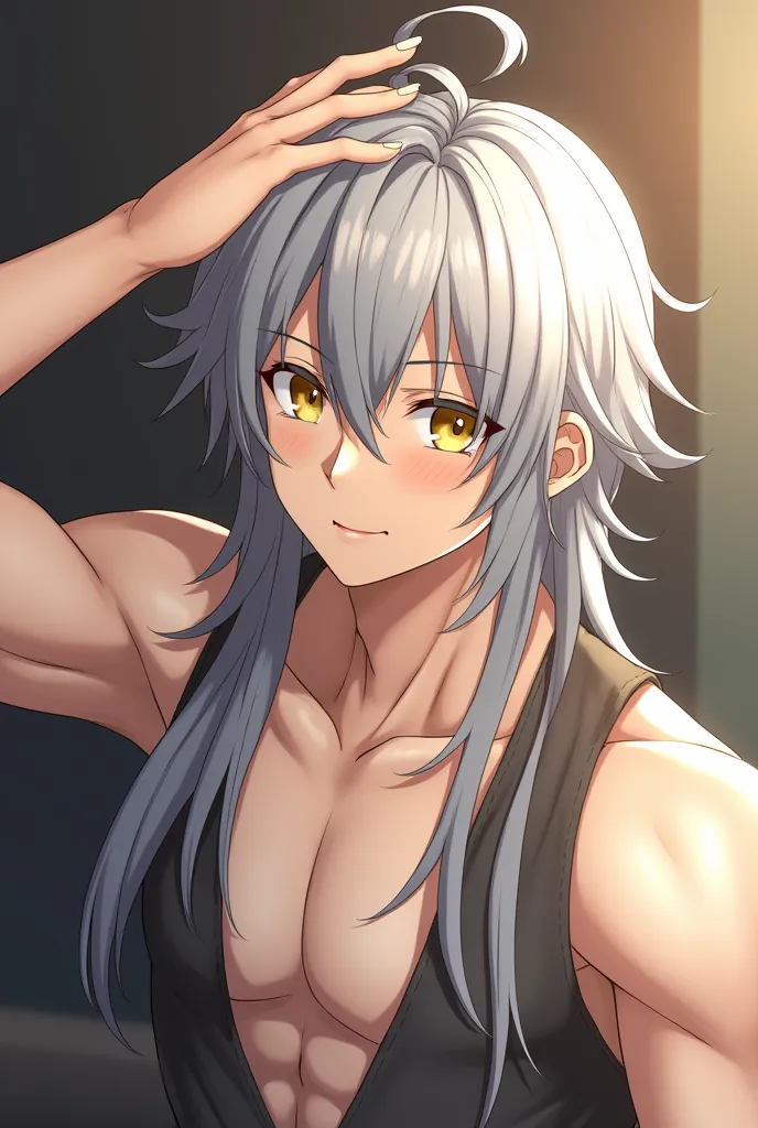  Adult man, anime, video game, loose long gray hair, long hair,  loose hair, Yellow eyes,  golden eyes, slightly tanned pale skin, butterfly bangs, open bangs, a lock sticking out of his head, tonificado,  muscular, wiping the sweat off his forehead