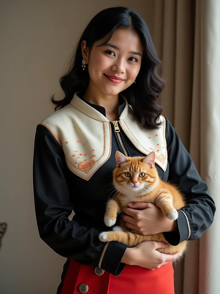 Photo of a slightly chubby Indonesian woman aged 28 years,straight wavy black hairstyle, wearing a long-sleeved dress,Luxurious white rupple collar with glitter orange shavings and zippers made of soft and smooth material,and a red mix black rupple skirt w...