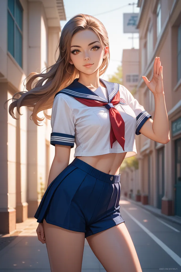 Anime girl wearing a school sports uniform with a white short shirt and dark blue shorts with fairly long brown hair and light brown eyes 