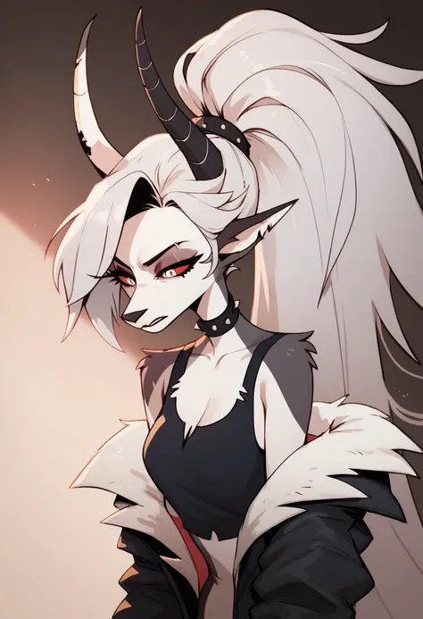 1girl, devil, white hair, long ponytail, long pointy horns, black off-shoulder fur-lined jacket, black tank top