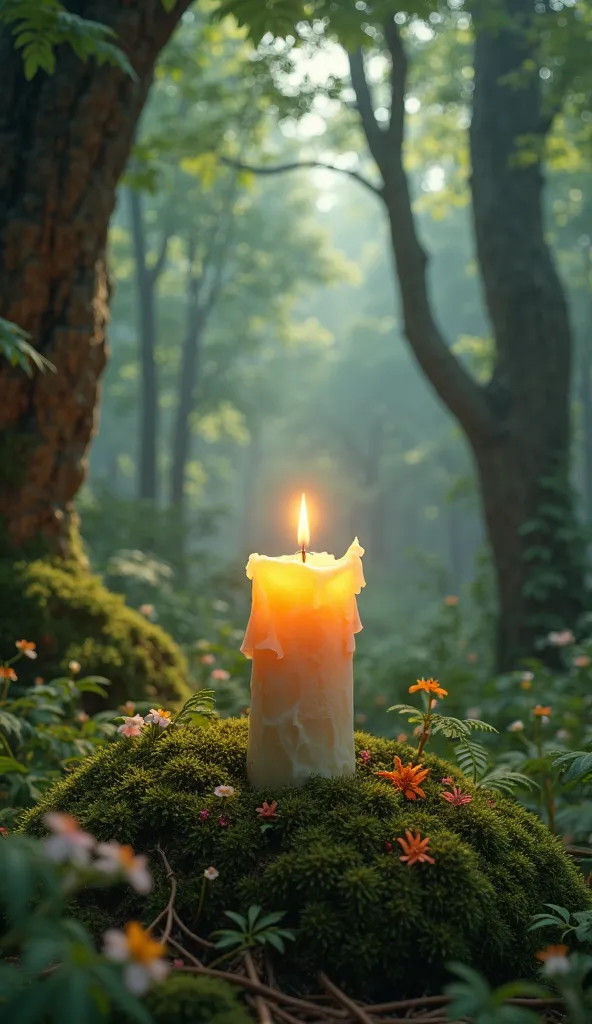 a candle burning in the middle of the forest 