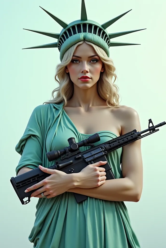 
((the best quality)), (obra maestra)), ( details: 1.4), (hyperrealistic image quality 4k), (image of a beautiful naked woman)(,( -type weapon characterized as the statue of liberty leaning on Mikes of weapons)), (In his hand he holds aloft an uzi)..