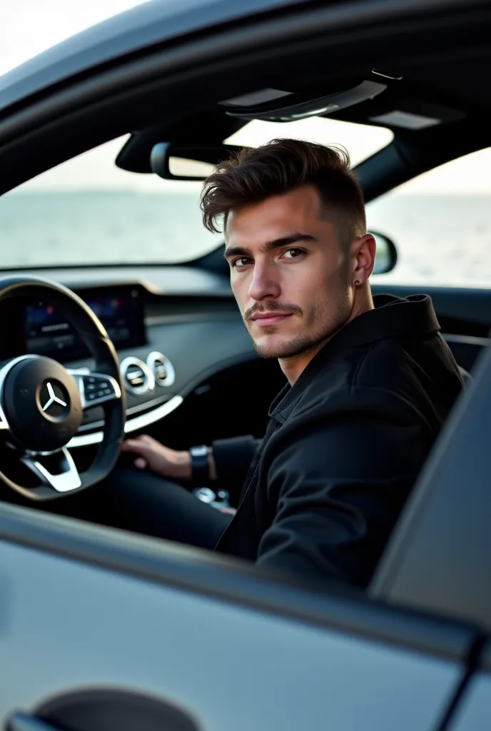 A young man 19 years old with 88 kilos and 180 centimeters with a shirt and a black jacket sits in a Mercedes s class of 2020 the picture is taken from the driver's seat