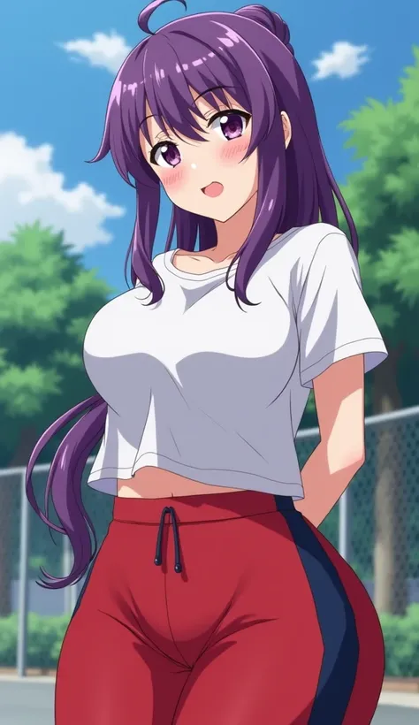 Anime Sexy and daring woman, posing sensually, violet hair, dressed in a white short-sleeved t-shirt, juicy breasts big like balloons, big buttocks, horrible thighs, long red sports pants with a dark blue stripe on the sides, in the school yard.