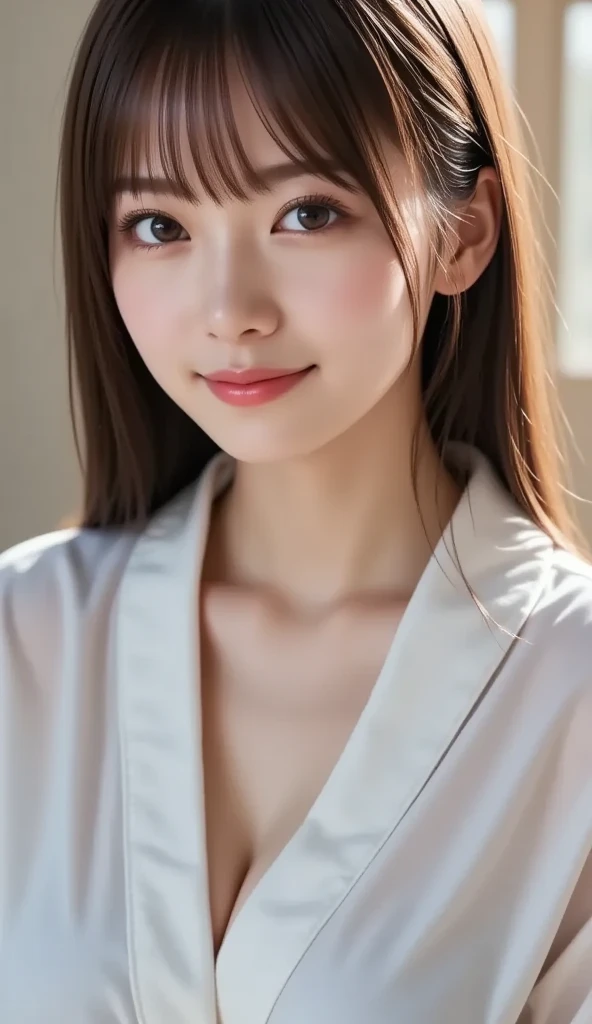 (a state where the face is accurately positioned in the center of the image: 1.5), (upper breast: 1.5), (fully reflects the entire head: 1.5), (Face clearly visible: 1.2)、 (bathrobe : 1.5), (shower room : 1.5), long hair、bangs, smile, young and cute japane...