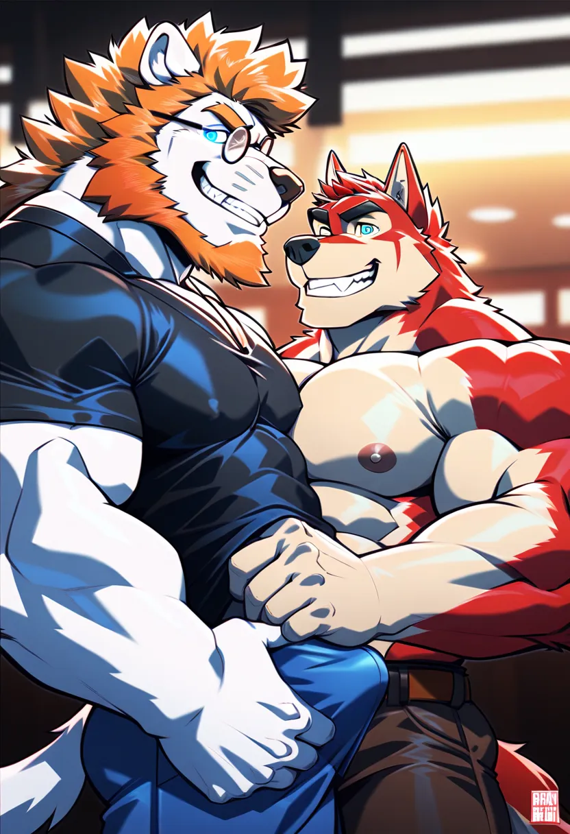 Score_9_up ,Score_8_up ,Score_7_up ,Score_6_up . Portrait. Masterpiece, Best quality, Cornelius a muscled red husky. ((Cornelius)), Male, furry, was a lion anthro now is a red husky, big dumb grin expression, hunky, Red, Medium muscular stud, husky big thi...