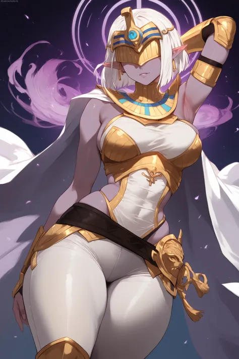 purple skinned,Woman, white hair cut on the sides, golden lines on the face,white and golden armor, pointy ear,  anime style,rpg style ,emitting a purple aura,Egyptian style,white cape, white clothes with gold details, white pants ,helmet covering the eyes...