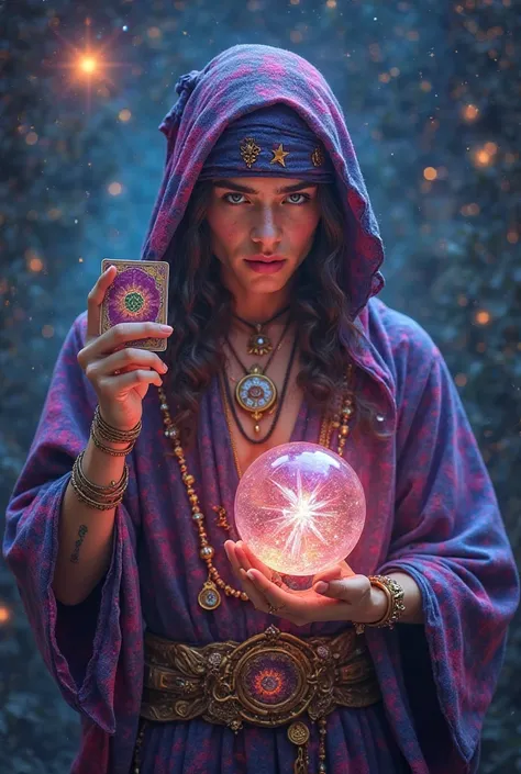 Picture of a pirate gypsy holding a card in one hand and a crystal ball in the other,a young man with a galaxy-colored cloth tied around his head, with jewels, body talismans realistic mystic 3d psychic,High definition in 8k.stars with vibrant neon colors ...