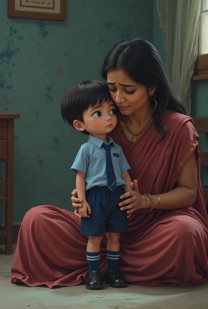 Small sad school boy wearing blue shirt and navy blue shorts and navy blue tie  black shoes and navy blue shoes with faint blue to strip at top of socks taking with his indian  mother 