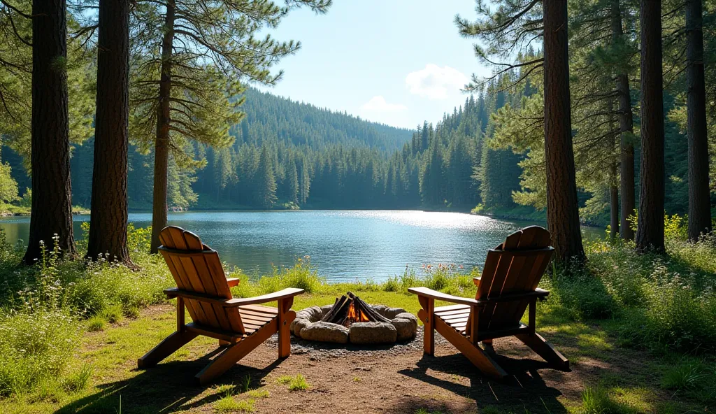 A tranquil forest clearing on a bright, sunny spring day, with a peaceful view of a calm lake. In the center of the clearing, two wooden deck chairs are placed side by side, facing the shimmering water. The chairs are simple yet comfortable, with weathered...