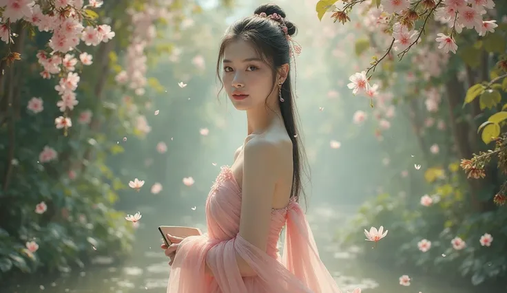 Chinese girl in a light pink sash，Chinese ancient style girl，Sexy，beauty， lovely woman，beauty的东方女人，showing most of her skin，Standing under the tree，Beautiful surroundings，There are flowers falling on the trees，Chinese girl in a light pink sash with a book ...