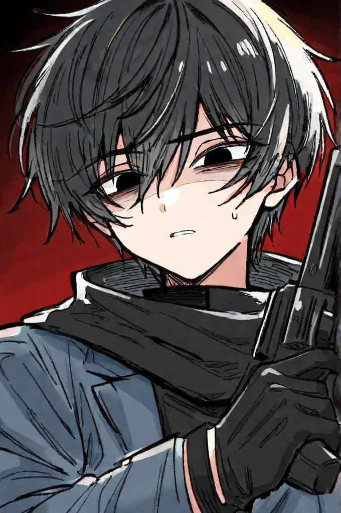 Handsome young man wearing black gloves,  holding a gun, Black Hair, black eye,  weapon, charming, Male in his 20s, adult, Solo, masterpiece, best quality, Detailed Eyes, cool, upstage,  ,  bangs