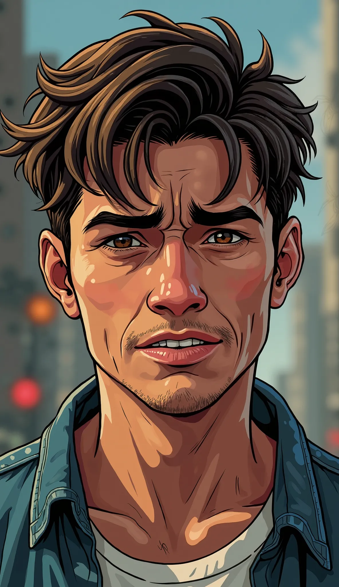 Create a very high quality image, in drawing, old comic book style, GTA6 style: Face of a young man with a disgruntled smile on his mouth and a deep sadness in his eyes, an image with lots of details, blurry background