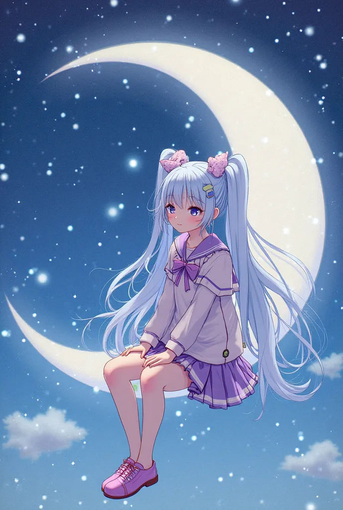 The painting method drawn with a delicate touch is a sparkling illustration of a person sitting on the moon、girls with light blue and purple hair and full bangs、Wear a crescent moon hairpin、Half Twin Tails、Clothes are landmine mass-produced fashion、doll
