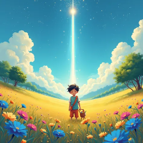 
The boy stands in the middle of a vast field, under a clear sky full of stars, but in the sky, there's a beam of light shining from afar, like the glow of a distant dream. The field is filled with colorful flowers in vibrant shades of light blue, pink, an...