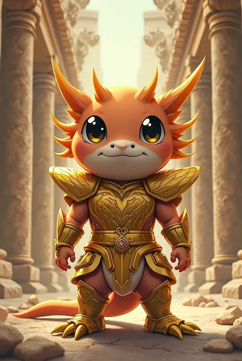 very cute salamander axolotl, standing with two feet, full body gemini gold armor from saint seiya the legend of sanctuary, background athena temple