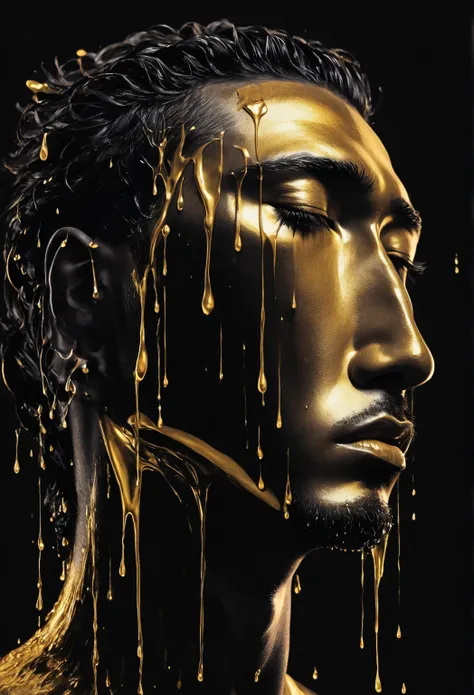 Artistic image of a man's face ,  just the face, not the hair , nor the neck ,  just the face mitad negro,  half golden  .  The eyes are closed  , the face is as if it were melting . Drops fall on the air , the background is black
