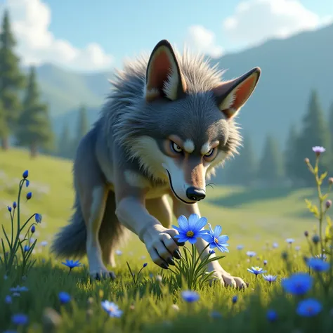 Annoying wolf stepping on a blue flower