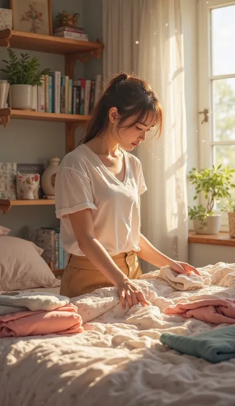 A woman cleans up her room