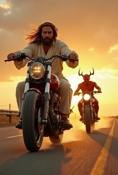 A cinematic scene of Jesus riding a powerful modern motorcycle on an open highway at sunset. He has long flowing hair, a beard, and wears a beige robe with a crown of thorns. His expression is determined as he grips the handlebars. Behind him, a muscular r...