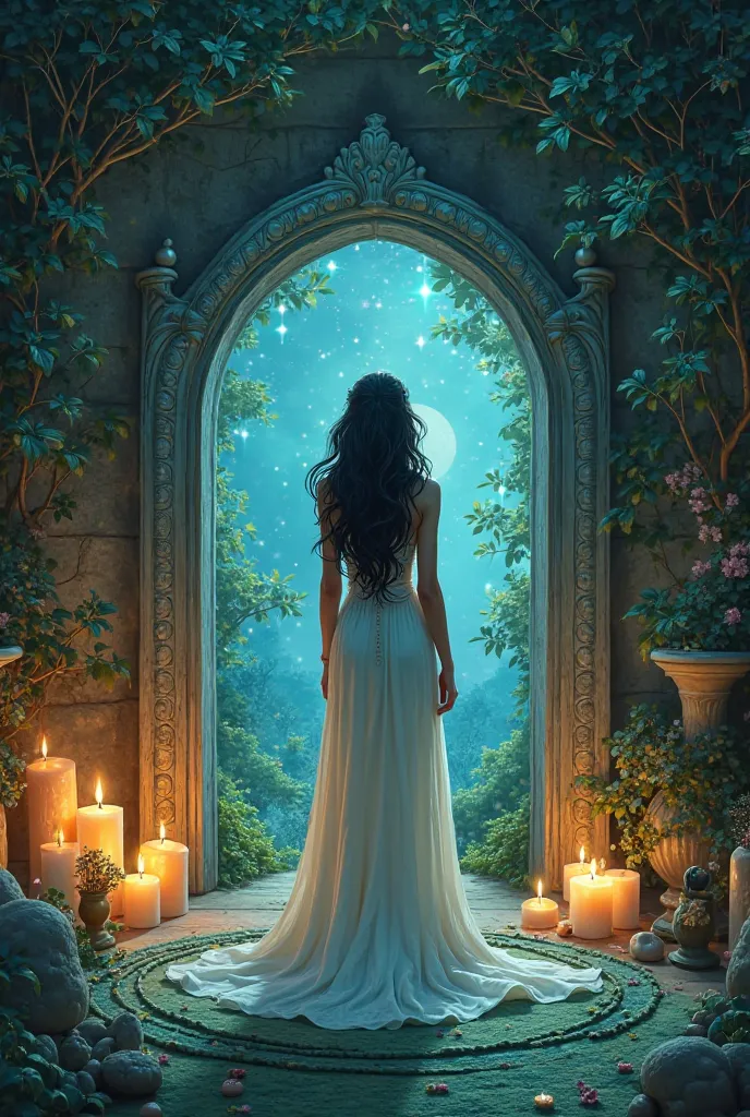 Candle workshop under a starry night and the darkness of the new moon ... a woman with dark wavy hair who stands in front of a magical door with white opals around her and on a cozy green carpet 