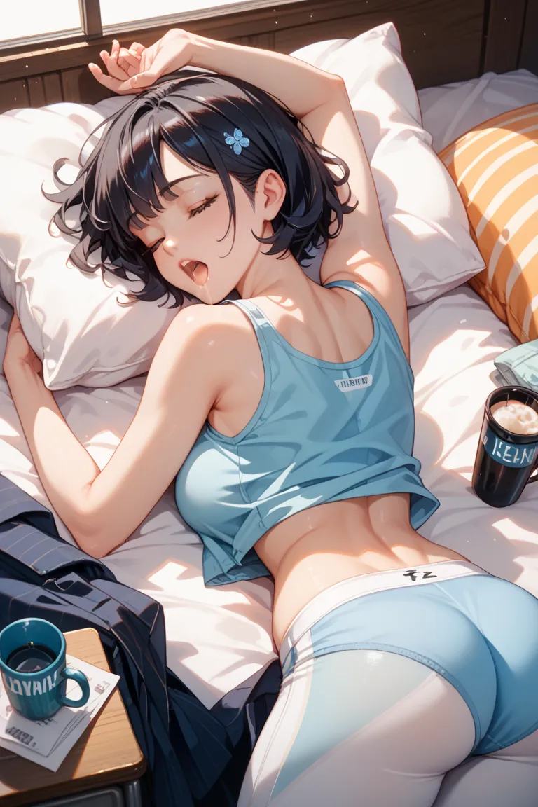 Clothes that are easy to wake up, erotic, highest image quality, beautiful images, black hair, slightly short hair, sleeping habits, light blue underwear, female high school student stretching her body while yawning, F cup breasts, beautiful buttocks stick...